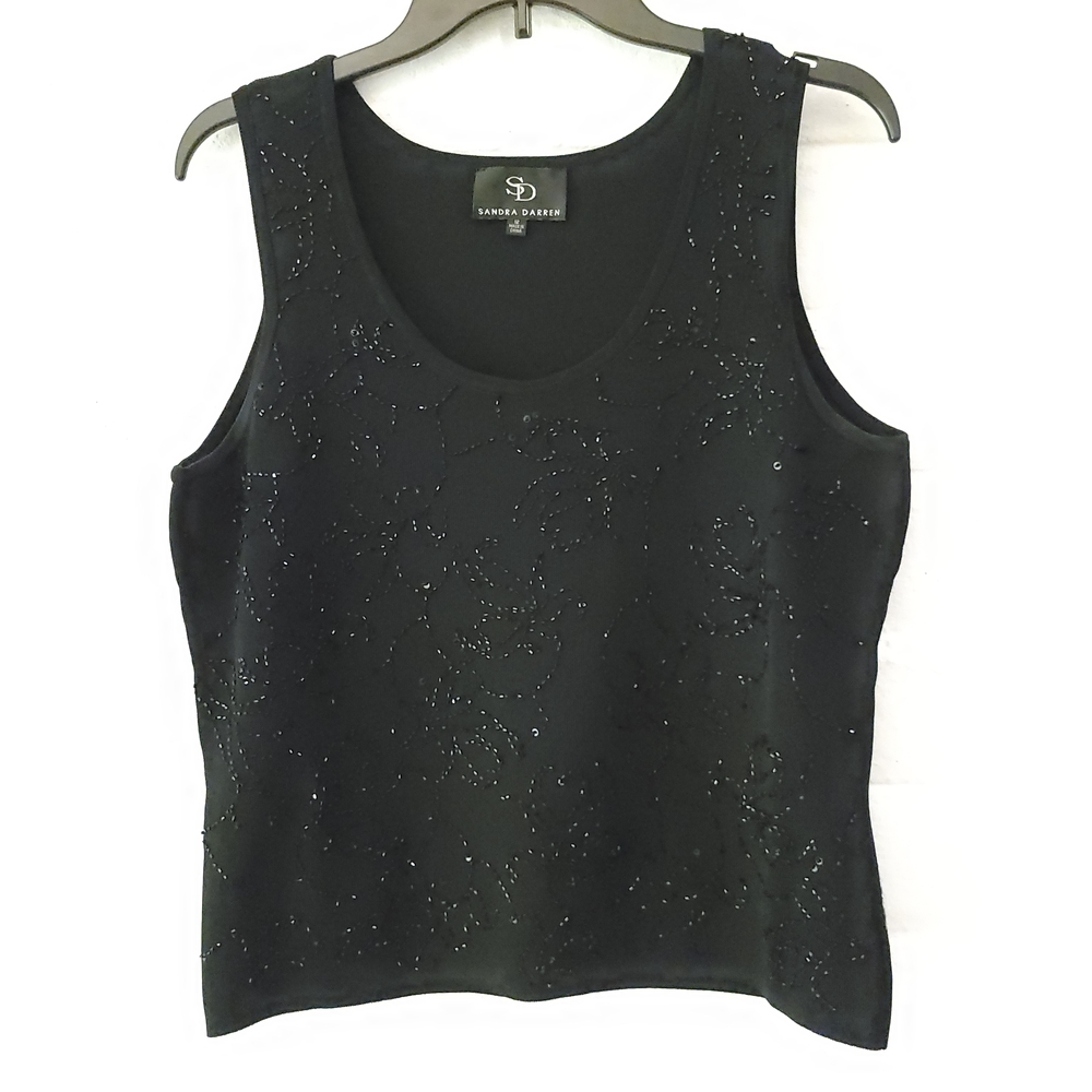 Sandra Darren Size 12 Black Beaded Floral Tank Top
